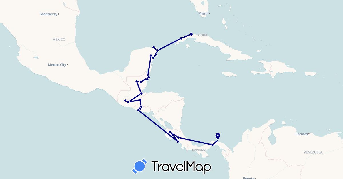 TravelMap itinerary: driving in Belize, Costa Rica, Cuba, Guatemala, Honduras, Mexico, Panama, El Salvador (North America)